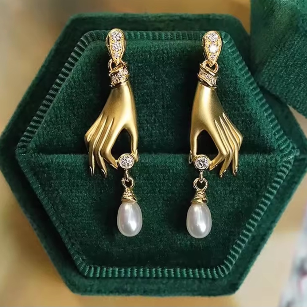 Anthropologie Gold Hand Drop Earrings with Pearl Dangles
